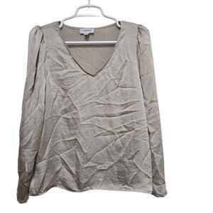 Carmen Marc Valvo Taupe Long Sleeve V-Neck Blouse Women’s Medium